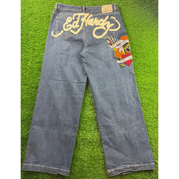 Ed Hardy Other - Ed Hardy Brave Hearts Eagle Wide Leg Denim Jeans W34 Y2K VTG Embroidered Graphic